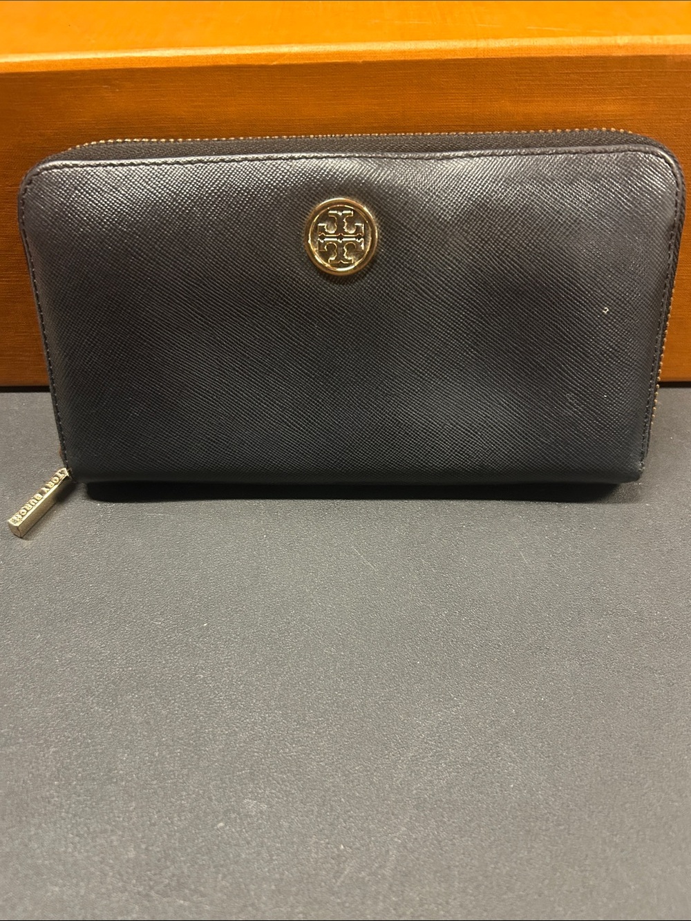 Tory Burch Black Zip-Around Long Wallet with Gold Logo